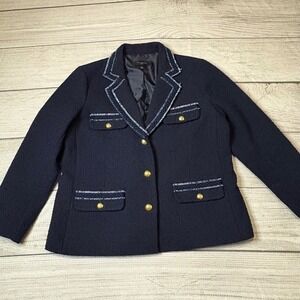 Talbots‎ Woman' s Petite Navy Blue Tweed Blazer Jacket Fringe Trim 12P